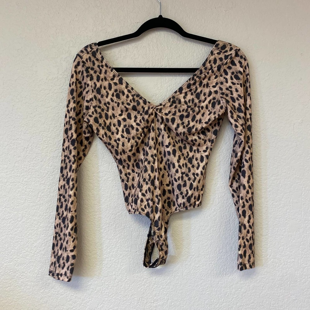 Re/Done Bodysuit V-Neck Cheetah Print Long Sleeve Brown Small